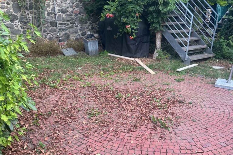 Gartenfläche mit Unkraut und Laub vor der Verlegung des Rollrasens